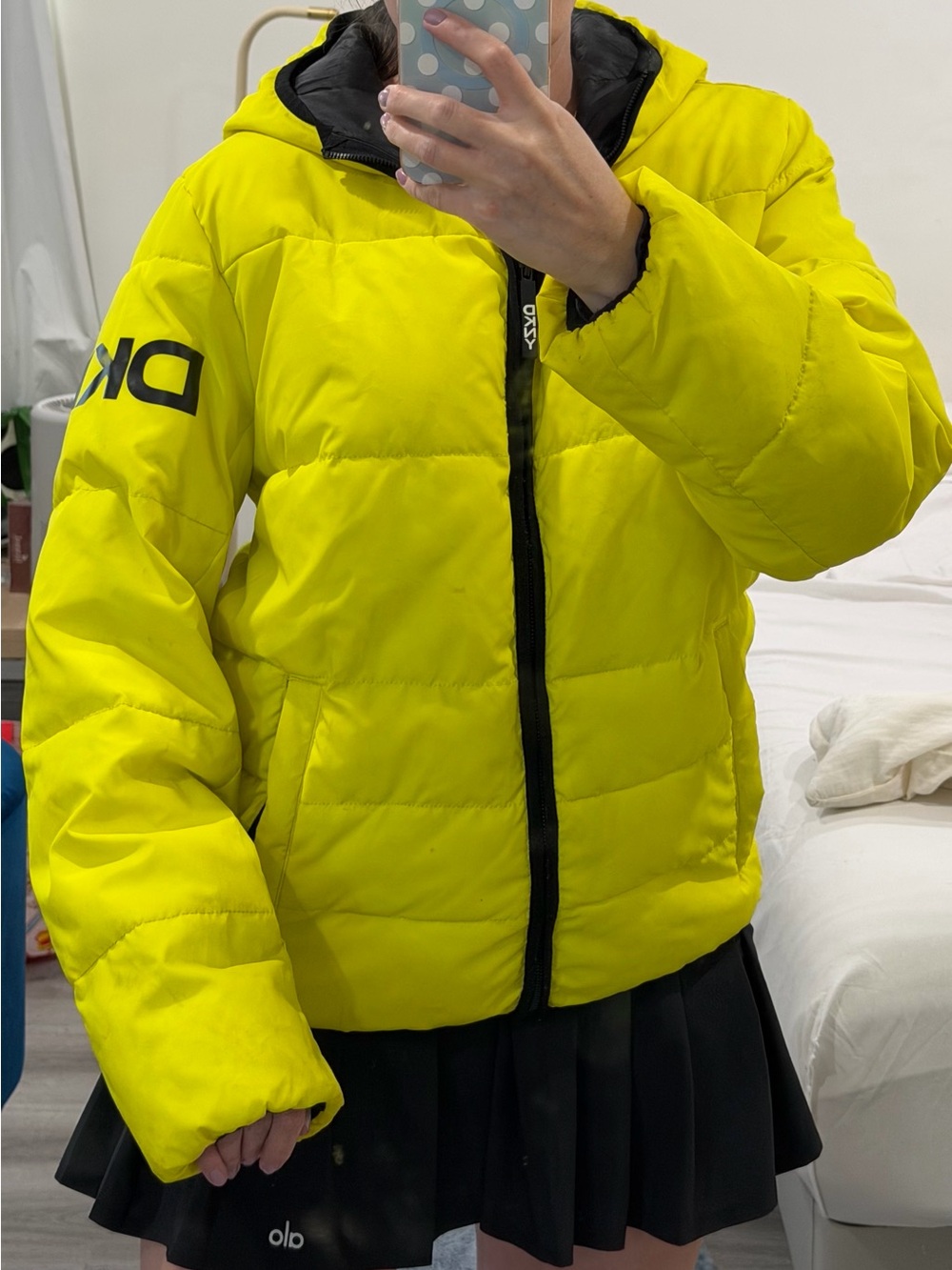 DKNY Bright Yellow Hooded Puffer Jacket